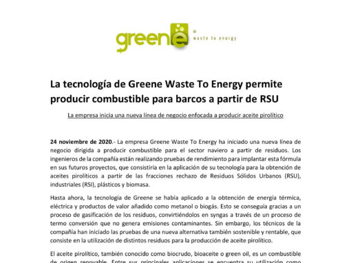 La tecnología de Greene Waste To Energy permite producir combustible para barcos a partir de RSU
