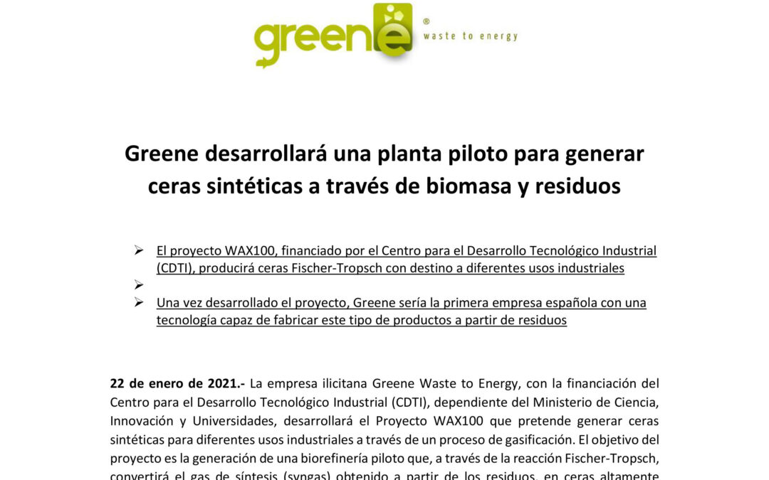 Greene desarrollará una planta piloto para generar ceras sintéticas a través de biomasa y residuos