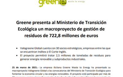 Greene presenta al Ministerio de Transición Ecológica un macroproyecto de gestión de residuos de 722,8 millones de euros