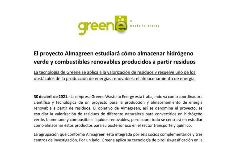 El proyecto Almagreen estudiará cómo almacenar hidrógeno verde y combustibles renovables producidos a partir residuos