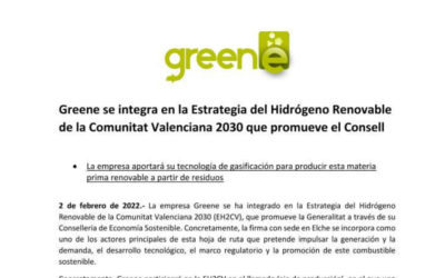 Greene se integra en la Estrategia del Hidrógeno Renovable de la Comunitat Valenciana 2030 que promueve el Consell