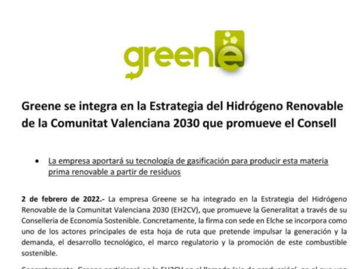 Greene se integra en la Estrategia del Hidrógeno Renovable de la Comunitat Valenciana 2030 que promueve el Consell