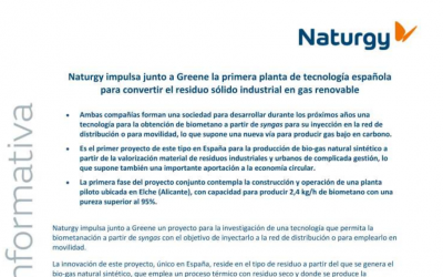 Naturgy impulsa junto a Greene la primera planta de tecnología española para convertir el residuo sólido industrial en gas renovable