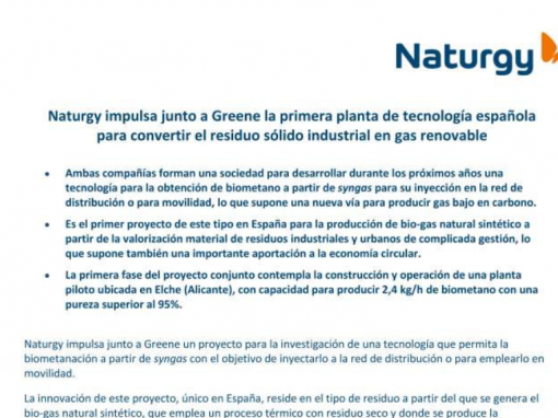 Naturgy impulsa junto a Greene la primera planta de tecnología española para convertir el residuo sólido industrial en gas renovable