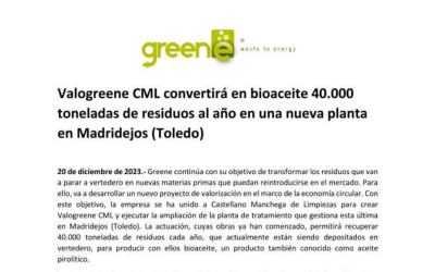 Valogreene CML convertirá en bioaceite 40.000 toneladas de residuos al año en una nueva planta en Madridejos (Toledo)
