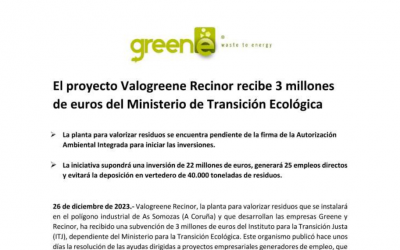 El proyecto Valogreene Recinor recibe 3 millones de euros del Ministerio de Transición Ecológica