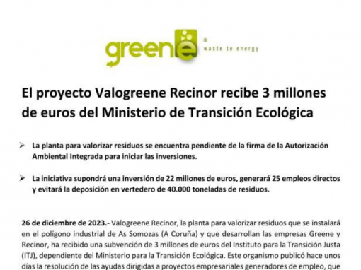 El proyecto Valogreene Recinor recibe 3 millones de euros del Ministerio de Transición Ecológica